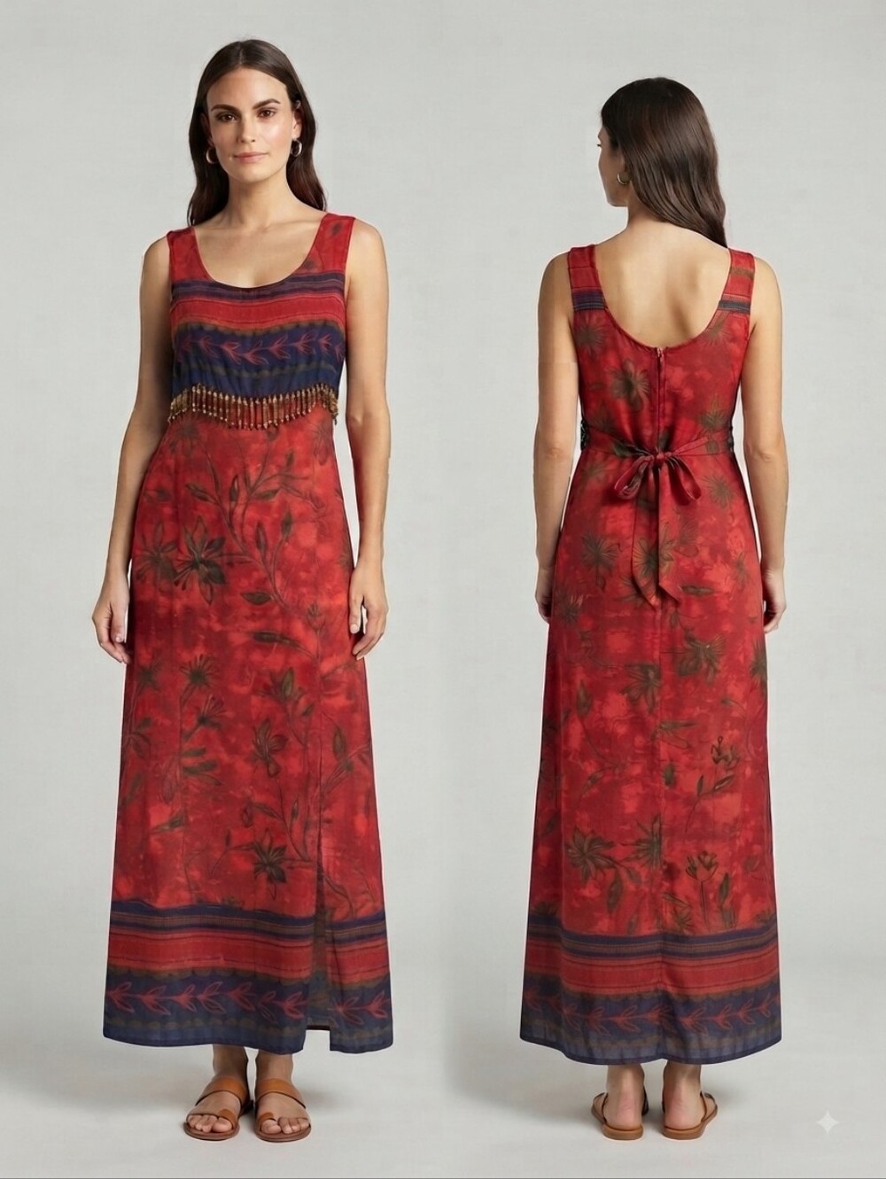 Vintage Jessica 90s Boho Wood Beaded Floral Maxi Dress Size 14 Phoebe Buffay